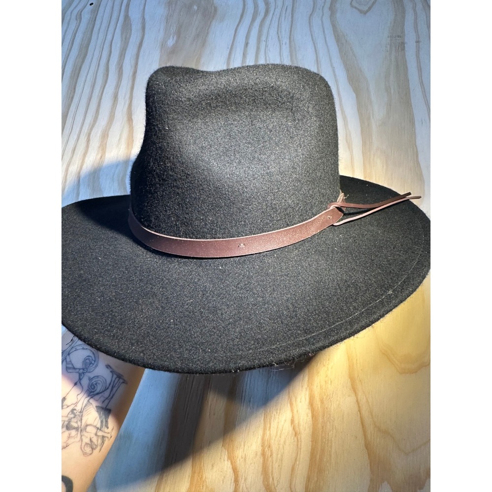 Scala Black Wool Wide Brim Fedora Hat Large Brown Faux Leather Band Unisex